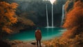 Man standing in front of waterfall in autumnal forest