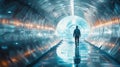 Man Standing in Futuristic Tunnel. Infinite Light Rings, Cool Blue Tones. AI Generated