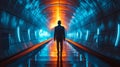 Man Standing in Futuristic Tunnel. Infinite Light Rings, Cool Blue Tones. AI Generated