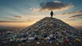 Man Standing On Garbage Hill Contemplating Pollution Under Dramatic Evening Sky Royalty Free Stock Photo