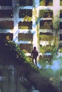 Man standing on giant trees looking at abandoned building