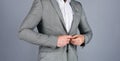 man standing on gray background. businessman button jacket. stylish man looking modern. mens jacket wardrobe