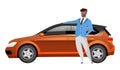 Man standing by hatchback flat color vector faceless character