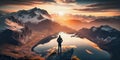 man standing on a hight moutain and overlooking a mountain landscape in sunset, ai generative Royalty Free Stock Photo