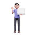 man standing holding laptop while giving ok sign with hand 3d render Royalty Free Stock Photo