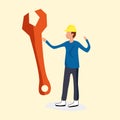 Man standing , holding a large metal wrench. Handle industrial tool for repair. Symbol of heavy mechanical work, logo.