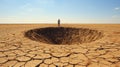 A man standing in a hole in the middle of a desert. Generative AI image. Royalty Free Stock Photo