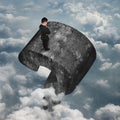 Man standing on huge 3D concrete question mark sky clouds