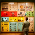 Man standing infornt of a control panels of different colors and style Royalty Free Stock Photo