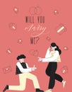 Man standing on knee and making marriage proposal, holding ring. romantic relationship concept. Vector illustration in