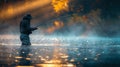 Man Standing in Lake Holding Fishing Pole Royalty Free Stock Photo