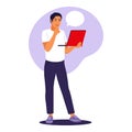 Man standing with laptop. Office worker, remote job concept. Vector illustration. Flat