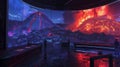 Man Standing Before Large Display of Volcanos