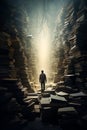 Man standing in large room filled with books and stacks of books. Generative AI Royalty Free Stock Photo