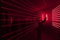 A man standing in the lasers of the audiovisual installation a.r.r.c. by Dreamlaser studio from Novgorod at the Prague Signal 2019