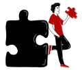 The man is standing, leaning against the big black jigsaw puzzle and holding red puzzle in the hand. Hand drawn vector sketch