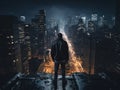 A man standing on a ledge looking at a city at night. Generative AI image. Royalty Free Stock Photo