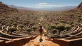 A man standing in a maze in the middle of a desert. Generative AI image. Royalty Free Stock Photo