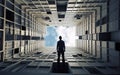 Surreal picture, a man standing in the middle of a building. AI generative image. Royalty Free Stock Photo