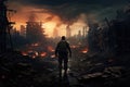 Man standing in the middle of a burning city. Disaster concept, Lone soldier walking in destroyed city, AI Generated