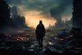 Man standing in the middle of a burnt city after a fire, Lone soldier walking in destroyed city, AI Generated