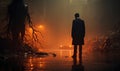 Man Standing in Middle of City Street at Night Royalty Free Stock Photo