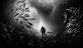 a man standing in the middle of a large group of fish. generative ai