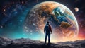 man standing on the Moon, watching the Earth Royalty Free Stock Photo