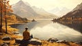 a man standing by a mountain lake, gazing at the sun rising over distant hills and clouds.