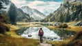 a man standing by a mountain lake, gazing at the sun rising over distant hills and clouds.