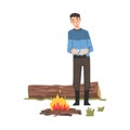 Man Standing near Bonfire, Male Tourist Character Hiking and Fishing on Nature, Summer Adventure Trip Cartoon Style