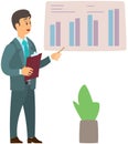 Man standing near flipchart with diagram. Businessman conducts presentation of statistical research