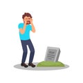 Man standing near tombstone and crying. Grieving guy visiting grave of family member. Isolated flat vector design