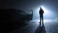 A man standing next to a car, with door open, parked on the side of the road, underneath a street light, on a spooky, scary, rural