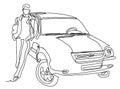 Man standing next to car illustration. Continuous line drawing. Isolated on the white background. Vector monochrome