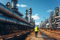 A man standing next to a large metal pipes. Pipe line Gas hub