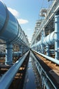 A man standing next to a large metal pipes. Pipe line Gas hub