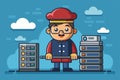 A man is standing next to a stack of servers in a tech room, Server Customizable Cartoon Illustration Royalty Free Stock Photo