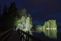 Man standing outdoor at dark night shining with flashlight Royalty Free Stock Photo