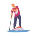 Man standing on paddleboard with paddle, flat vector illustration isolated. Royalty Free Stock Photo