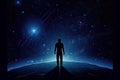 man standing in planet in front of glowing beam generative AI Royalty Free Stock Photo