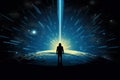 man standing in planet in front of glowing beam generative AI Royalty Free Stock Photo