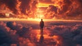 A man standing on a platform in the middle of clouds, AI