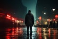 Man standing in the rain at night with umbrella over his head. Generative AI Royalty Free Stock Photo