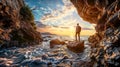 Man standing on rock and looking at sunset in the cave of the sea Royalty Free Stock Photo