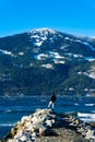 Man standing on rocks at edge of lake looking across rough lake at partially snowy mountain Royalty Free Stock Photo