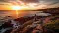 A man standing on a rocky cliff next to the ocean. AI generative image Royalty Free Stock Photo