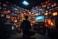 A man standing in a room filled with lots of monitors