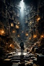 Man standing in room filled with stacks of books. Generative AI Royalty Free Stock Photo