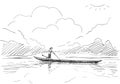 Man standing and rowing long boat on lake with mountains and clouds